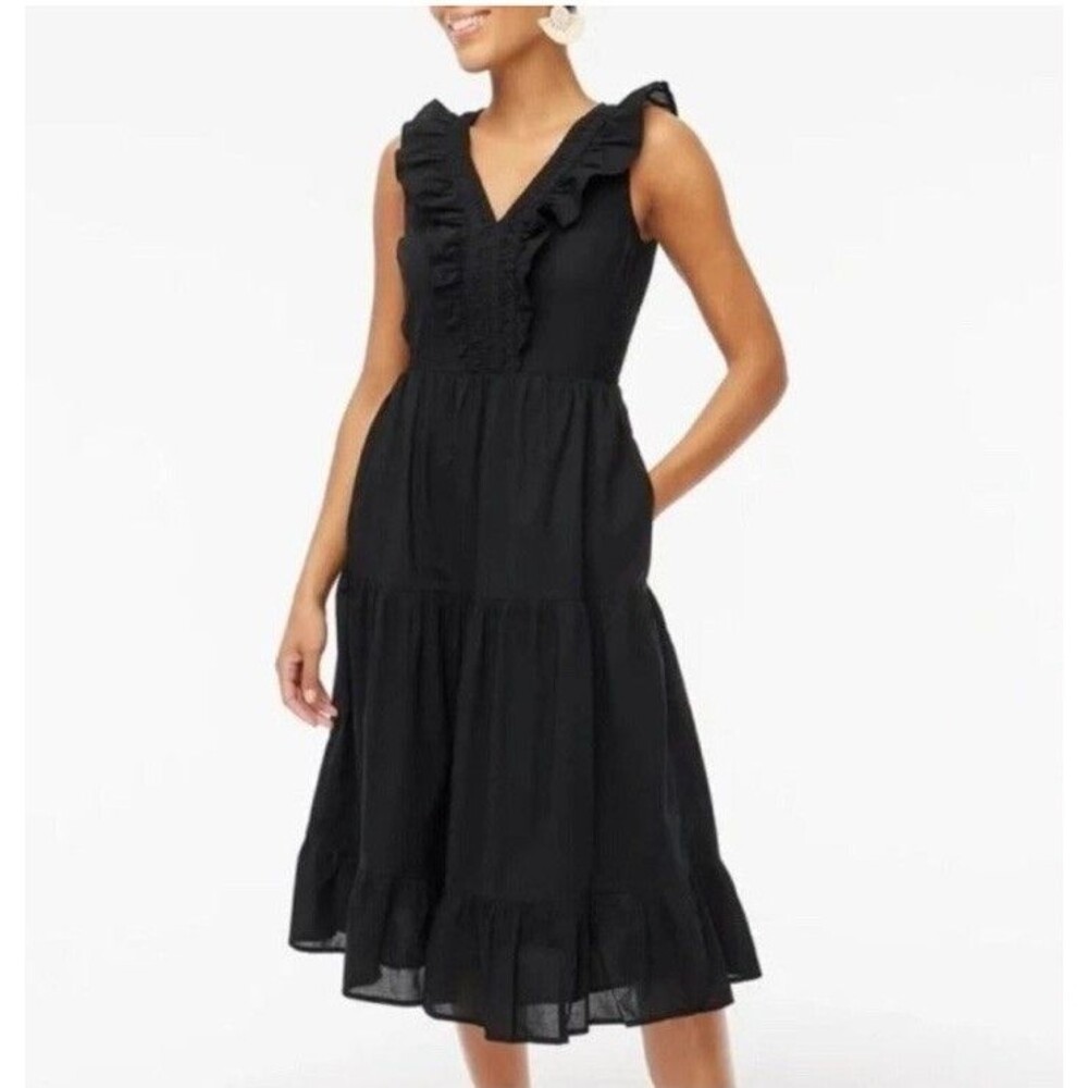 J. Crew V-Neck Smocked Midi Dress Black Ruffle Tiered Cotton Size 4 New NWT
